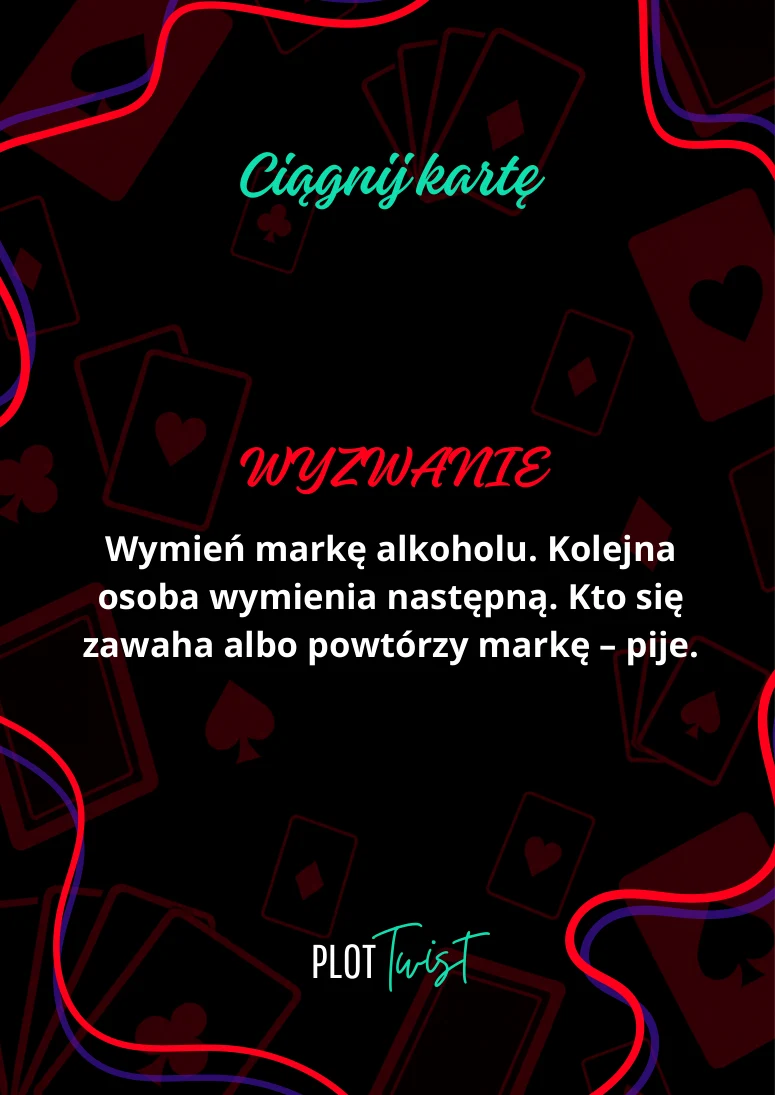 Wymień markę alkoholu. Kolejna osoba wymienia następną. Kto się zawaha albo powtórzy markę – pije.
